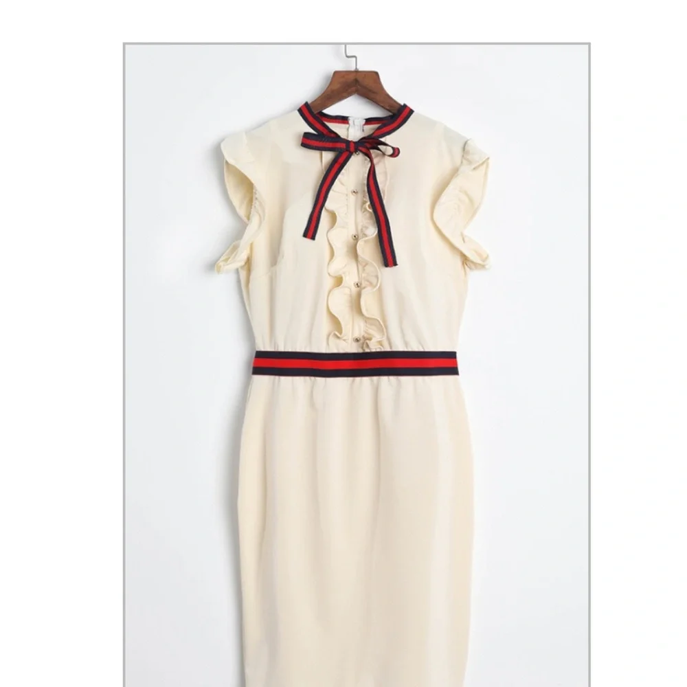 Cream Ruffle Tie-Neck Sheath Dress - Picture 4 of 5